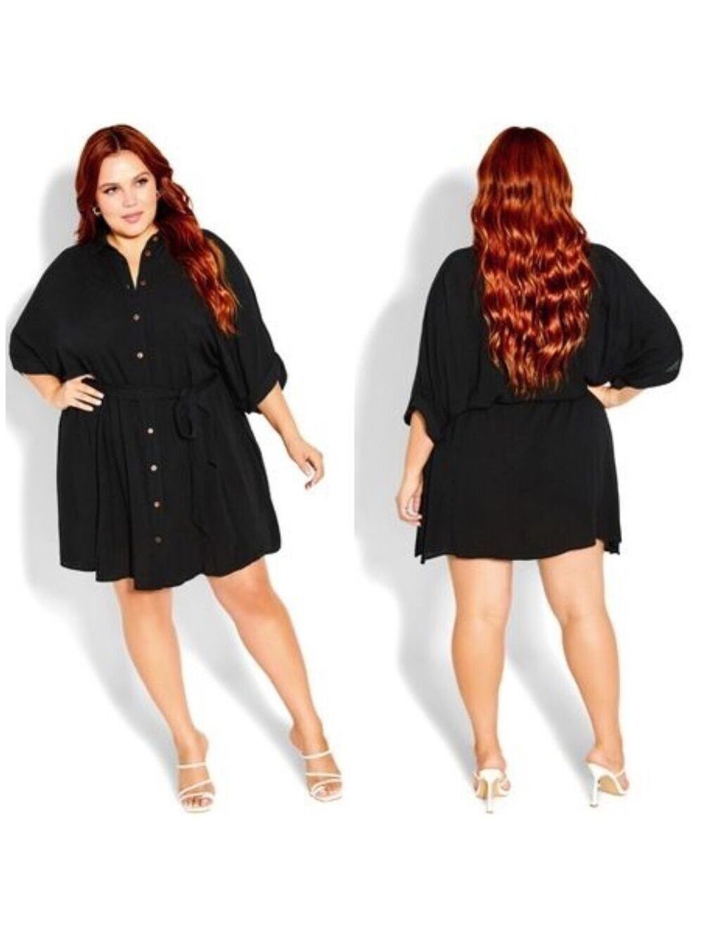 City Chic Button Thru Tunic Shirt Dress in Black